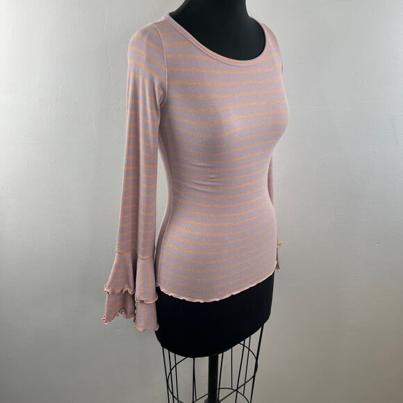 We The Free People Pink Orange Top Striped Ruffle Bell Sleeve Size X-Small XS - Picture 6 of 9